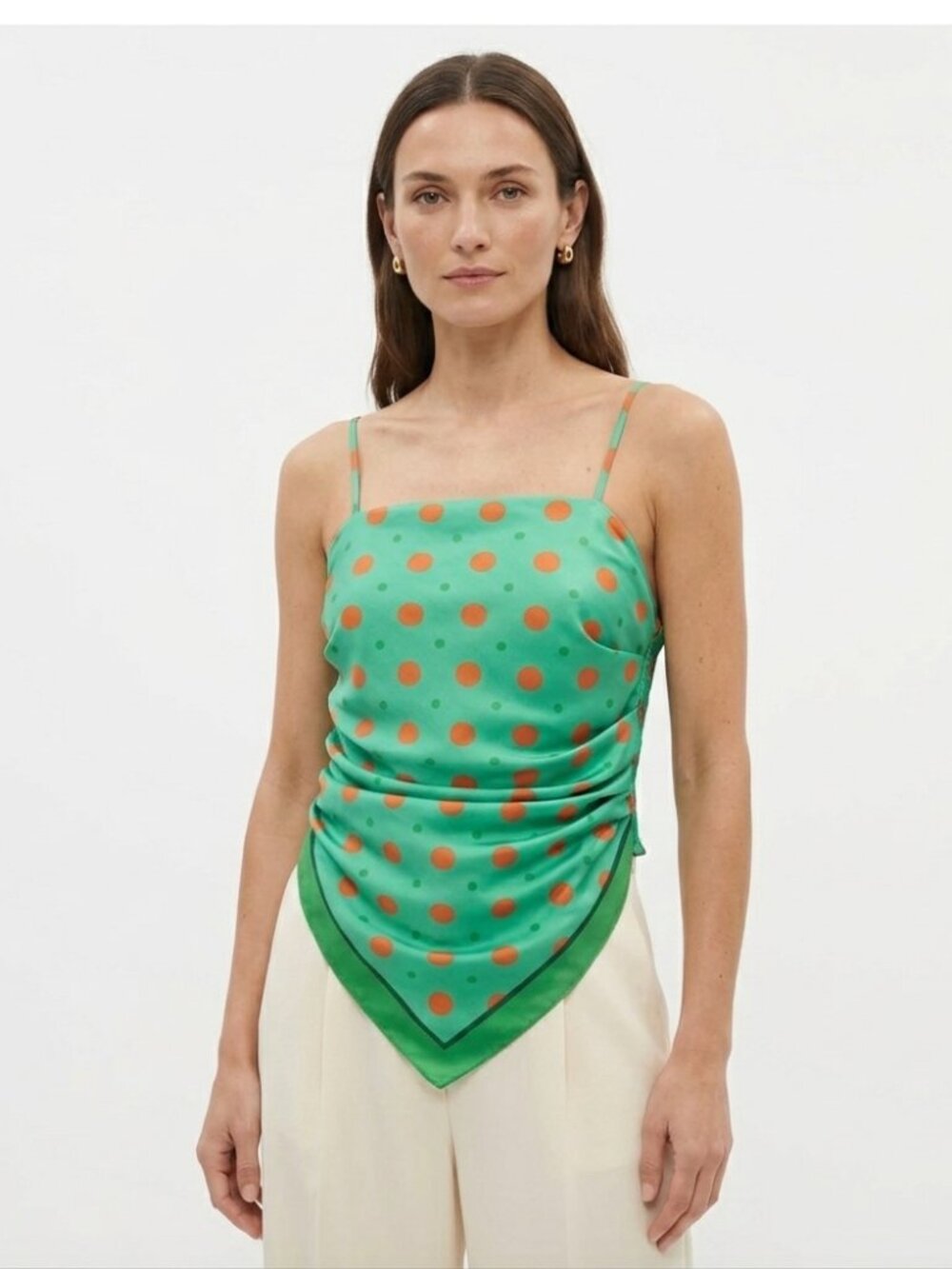 ZARA GREEN ORANGE SATIN DOTS POINTED FRONT CAMISOLE - S